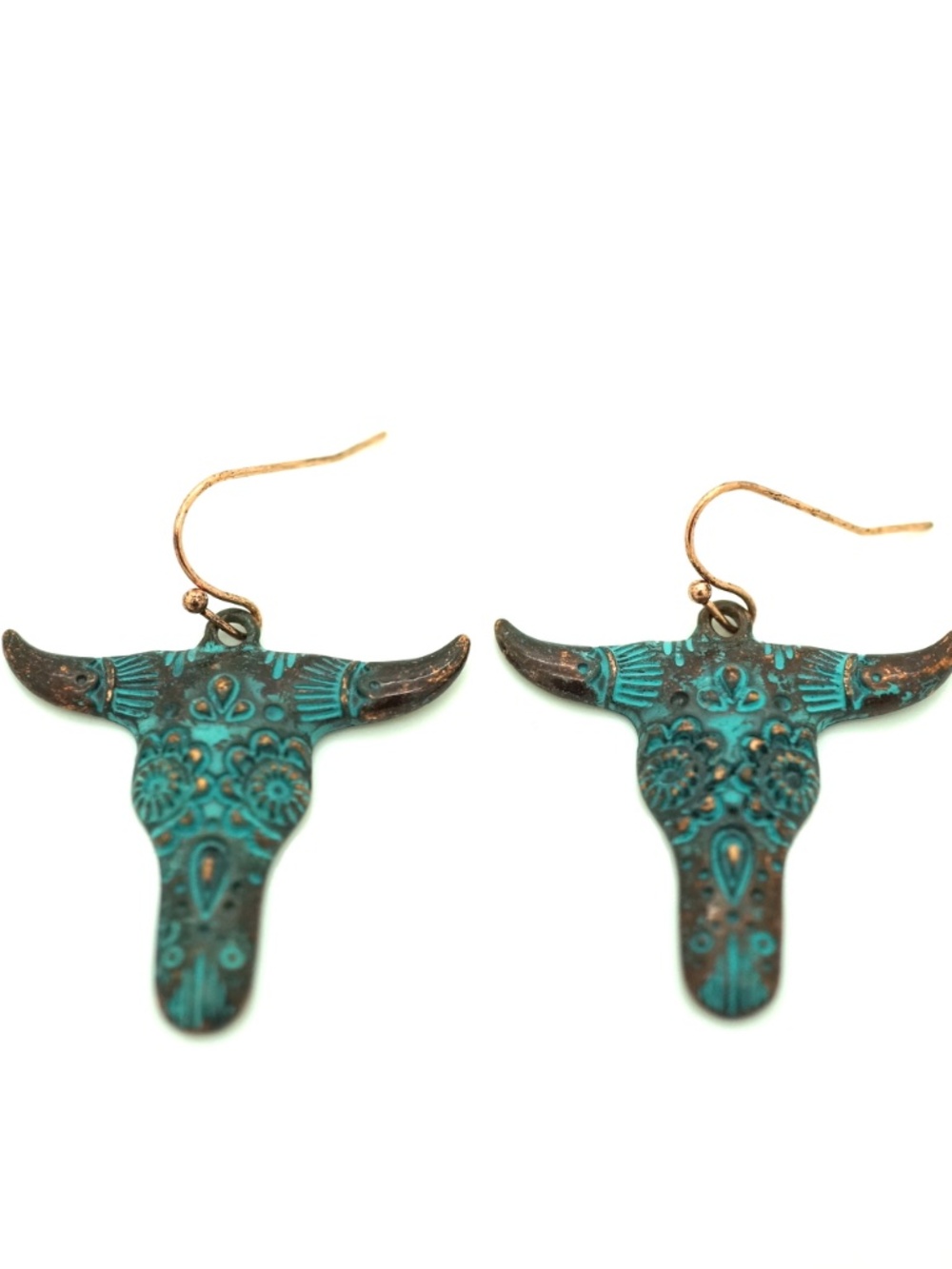 Long Horn Blue Green Earrings Patina Finish Sugar Skull Design